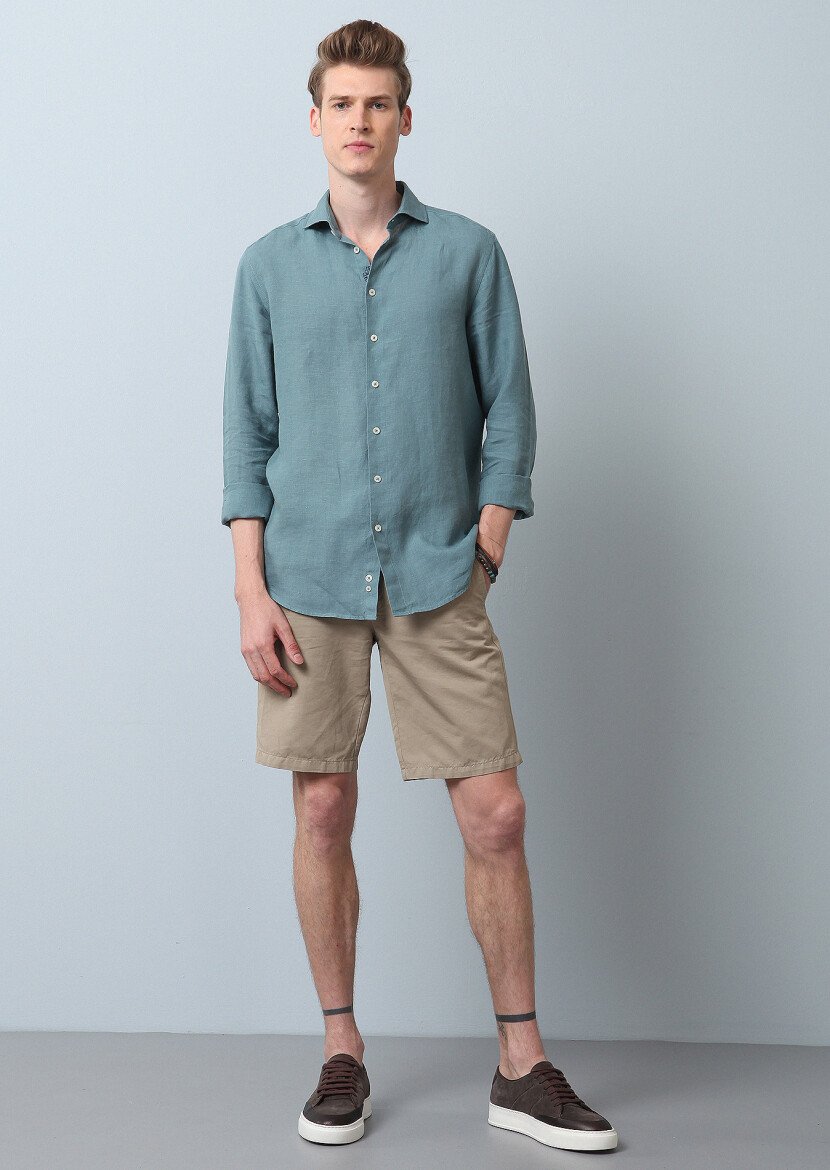 See Green Plain Regular Fit Weaving Casual 100% Linen Shirt 