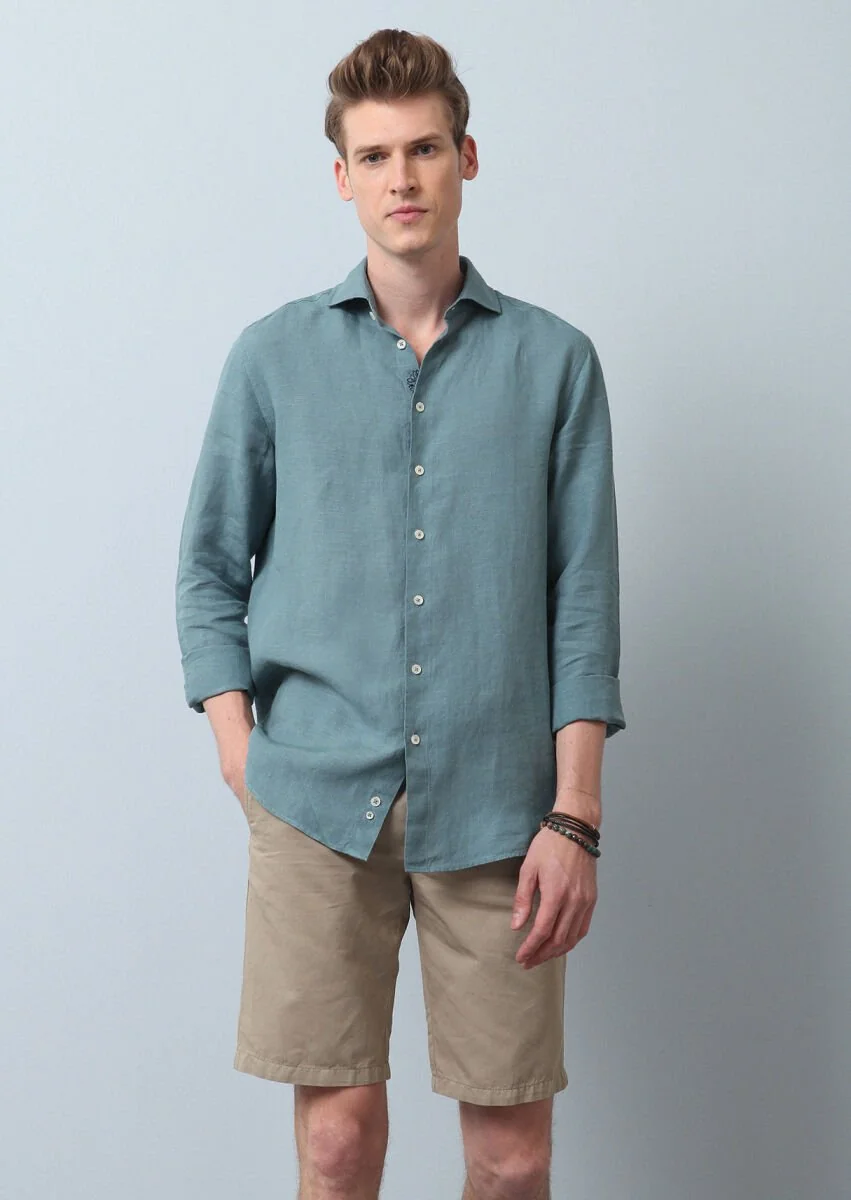 See Green Plain Regular Fit Weaving Casual 100% Linen Shirt - 3