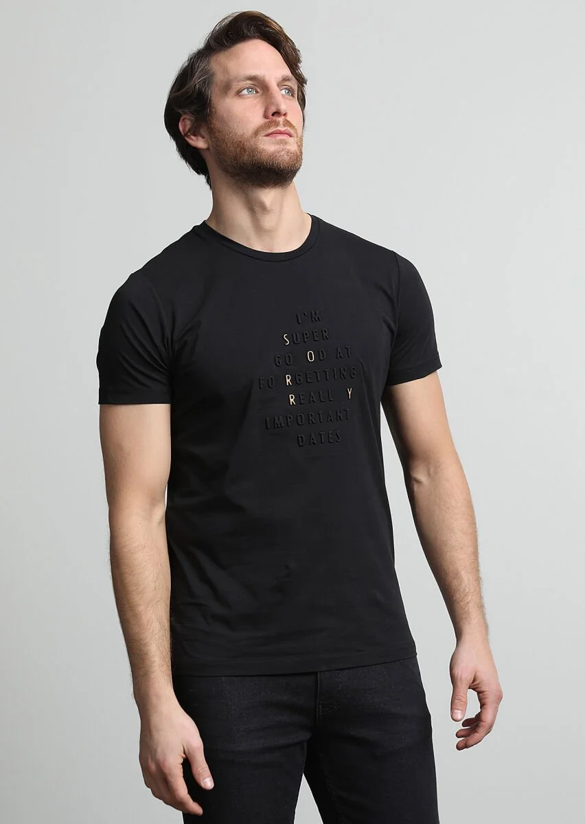 Siyah Baskılı %100 Pamuk T-Shirt - 2