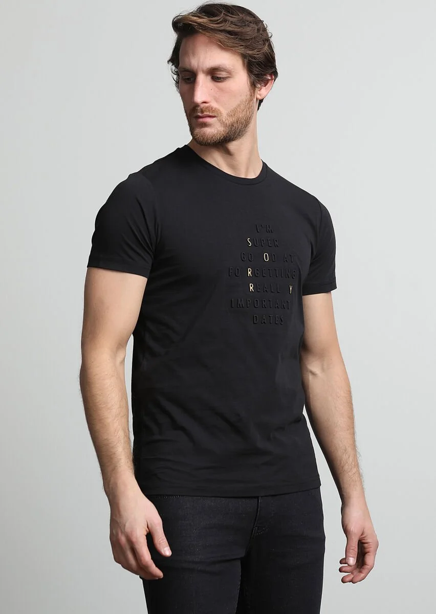 Siyah Baskılı %100 Pamuk T-Shirt - 3