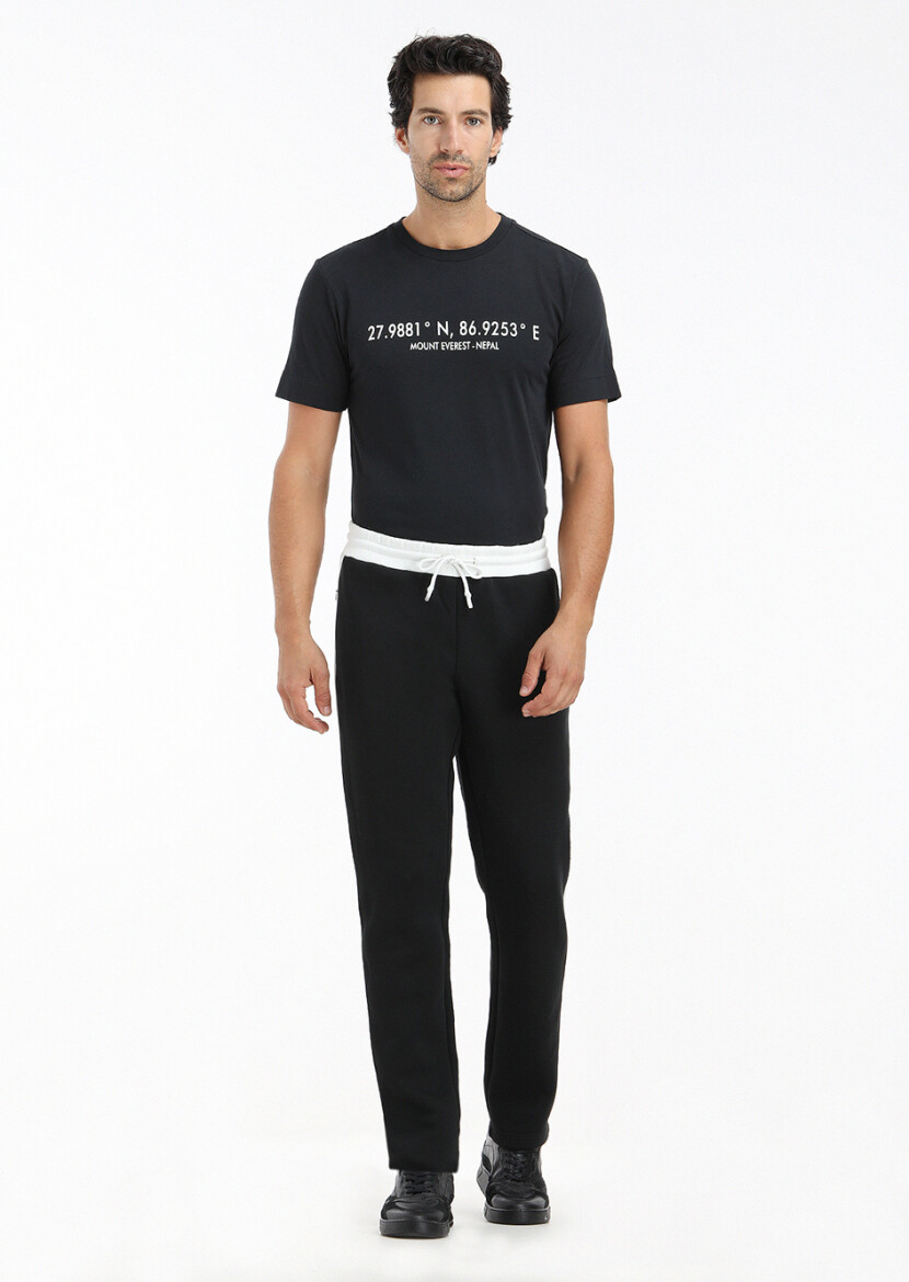 Siyah Baskılı Bisiklet Yaka %100 Pamuk T-Shirt 