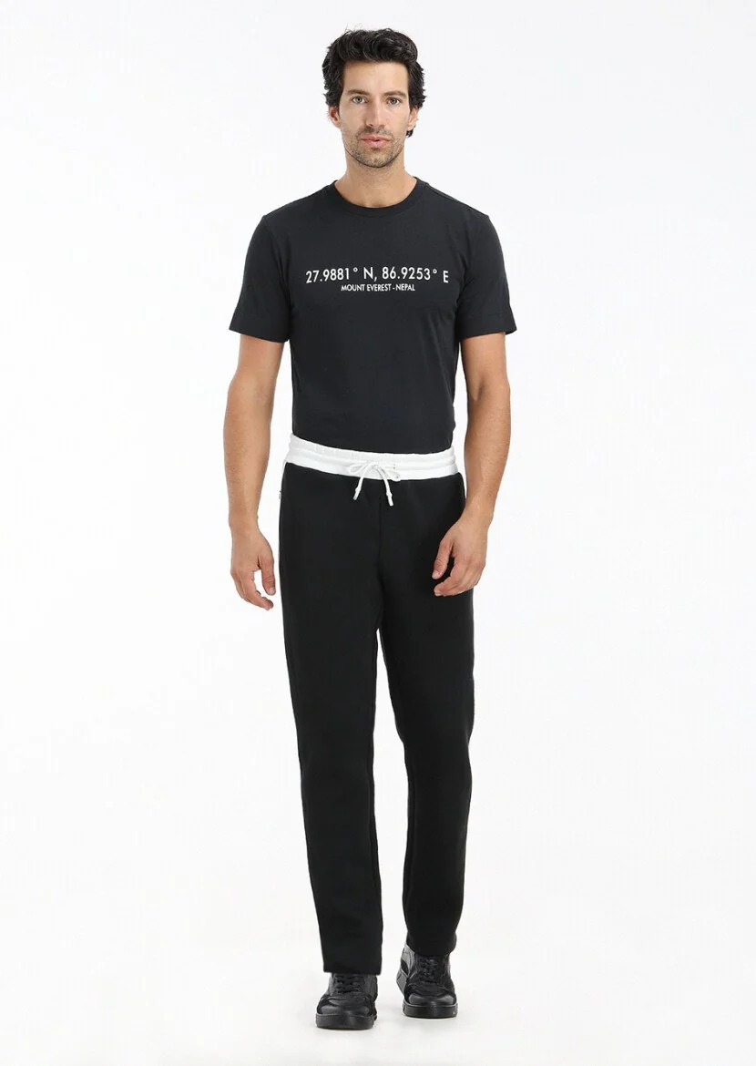 Siyah Baskılı Bisiklet Yaka %100 Pamuk T-Shirt 