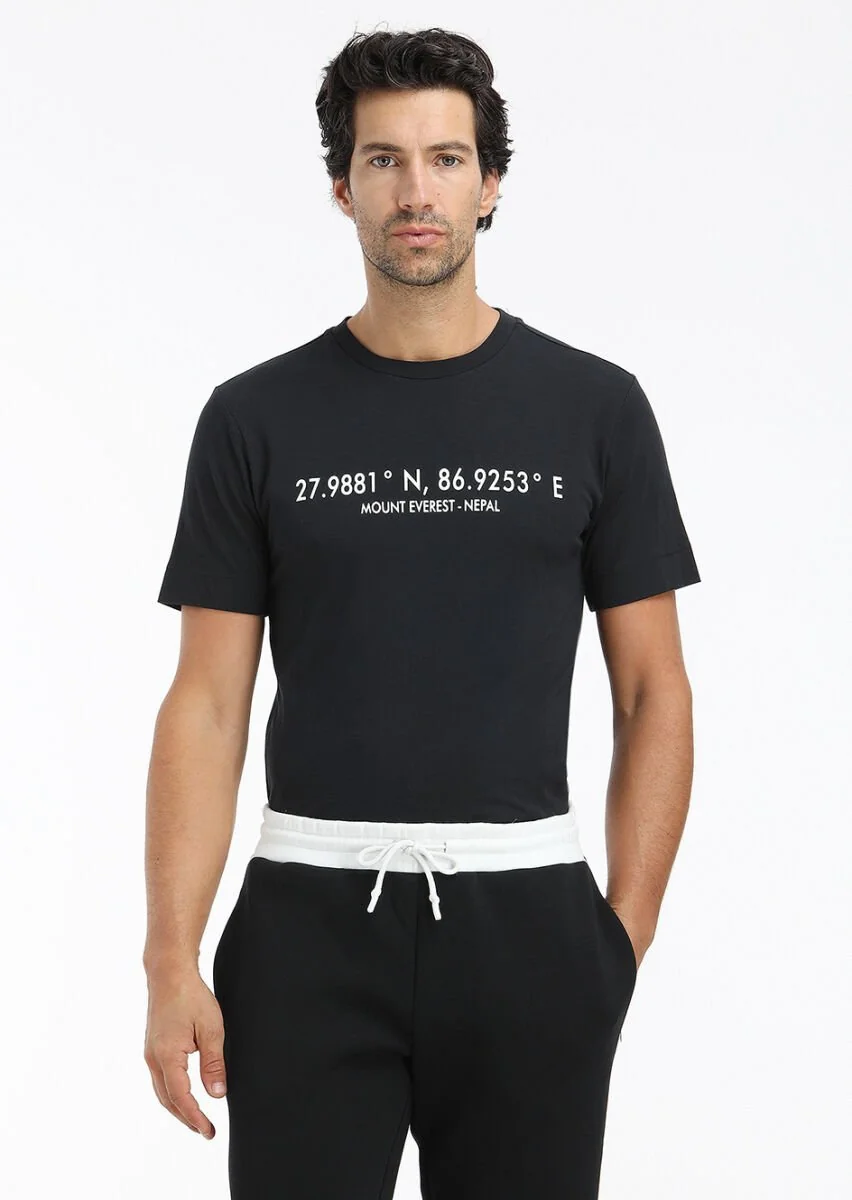 Siyah Baskılı Bisiklet Yaka %100 Pamuk T-Shirt - 2