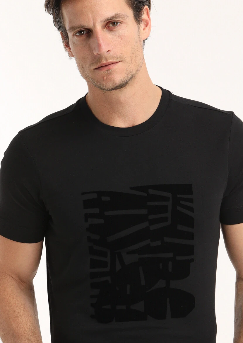 Siyah Baskılı Bisiklet Yaka %100 Pamuk T-Shirt 
