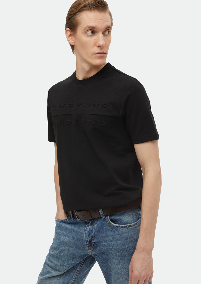 Siyah Baskılı Bisiklet Yaka %100 Pamuk T-Shirt 