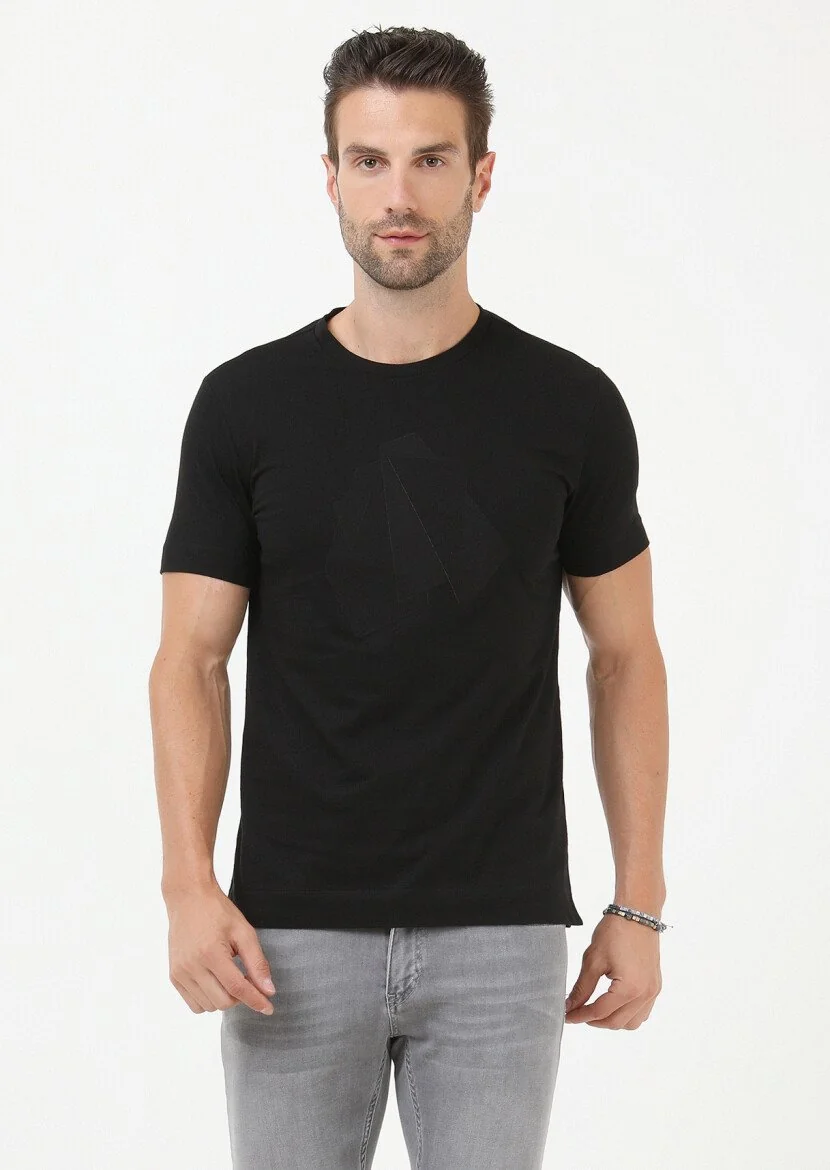 Siyah Baskılı Bisiklet Yaka Pamuk Karışımlı T-Shirt - 1
