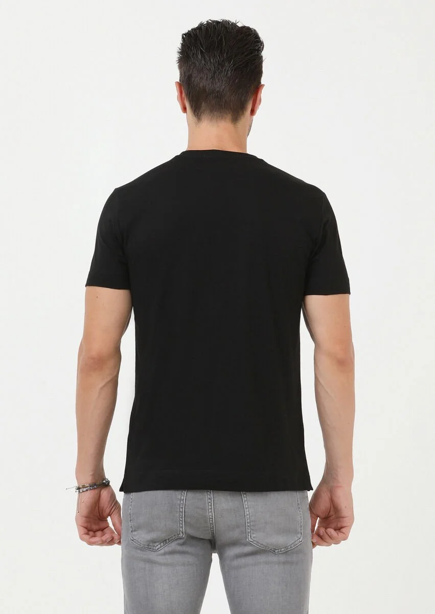 Siyah Baskılı Bisiklet Yaka Pamuk Karışımlı T-Shirt - 4