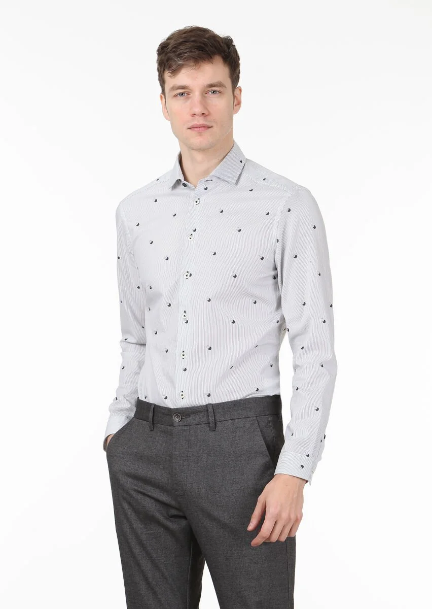 Siyah Baskılı Slim Fit Dokuma Casual %100 Pamuk Gömlek - 1