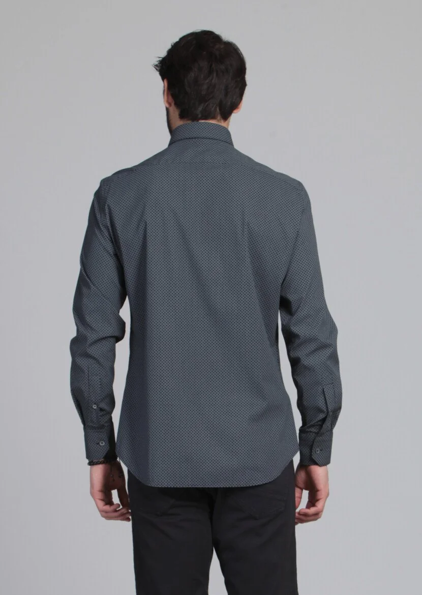 Siyah Baskılı Slim Fit Dokuma Klasik Pamuk Karışımlı Gömlek - 5