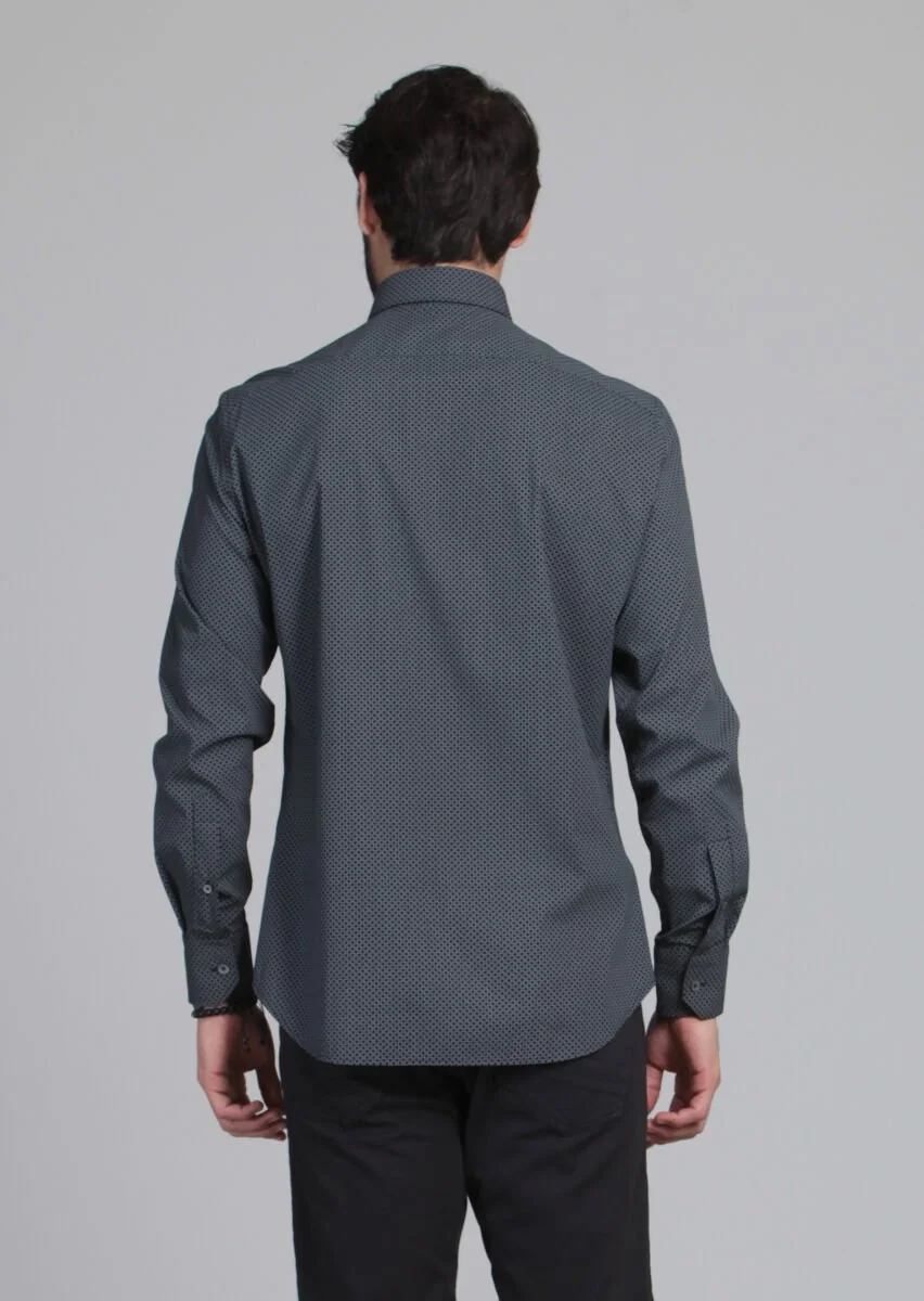 Siyah Baskılı Slim Fit Dokuma Klasik Pamuk Karışımlı Gömlek - 5