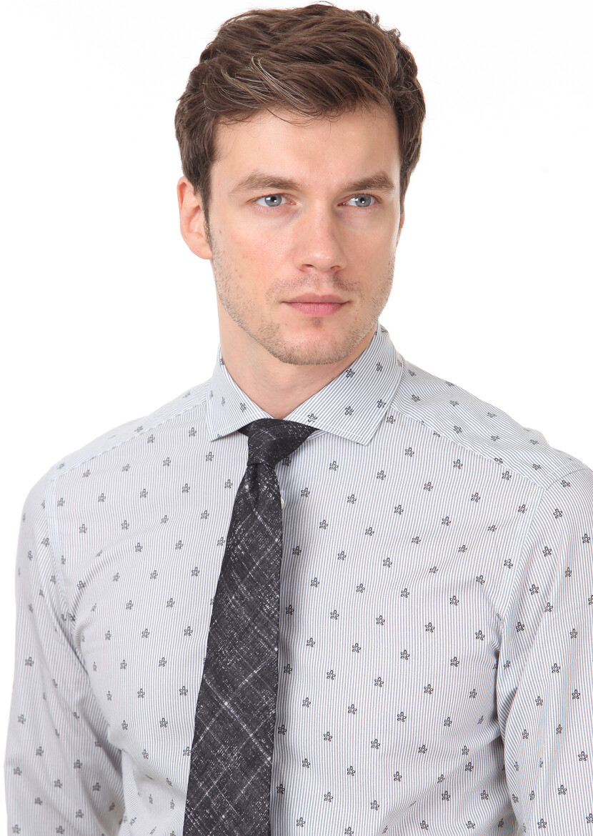 Siyah Baskılı Slim Fit Uzun Dokuma Casual %100 Pamuk Gömlek 