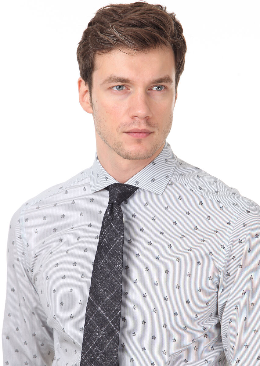 Siyah Baskılı Slim Fit Uzun Dokuma Casual %100 Pamuk Gömlek - 2