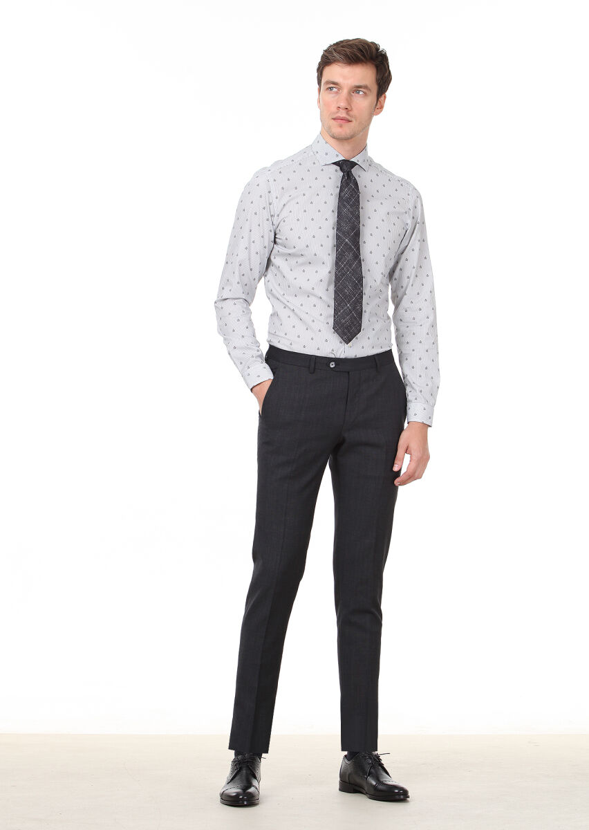 Siyah Baskılı Slim Fit Uzun Dokuma Casual %100 Pamuk Gömlek - 3