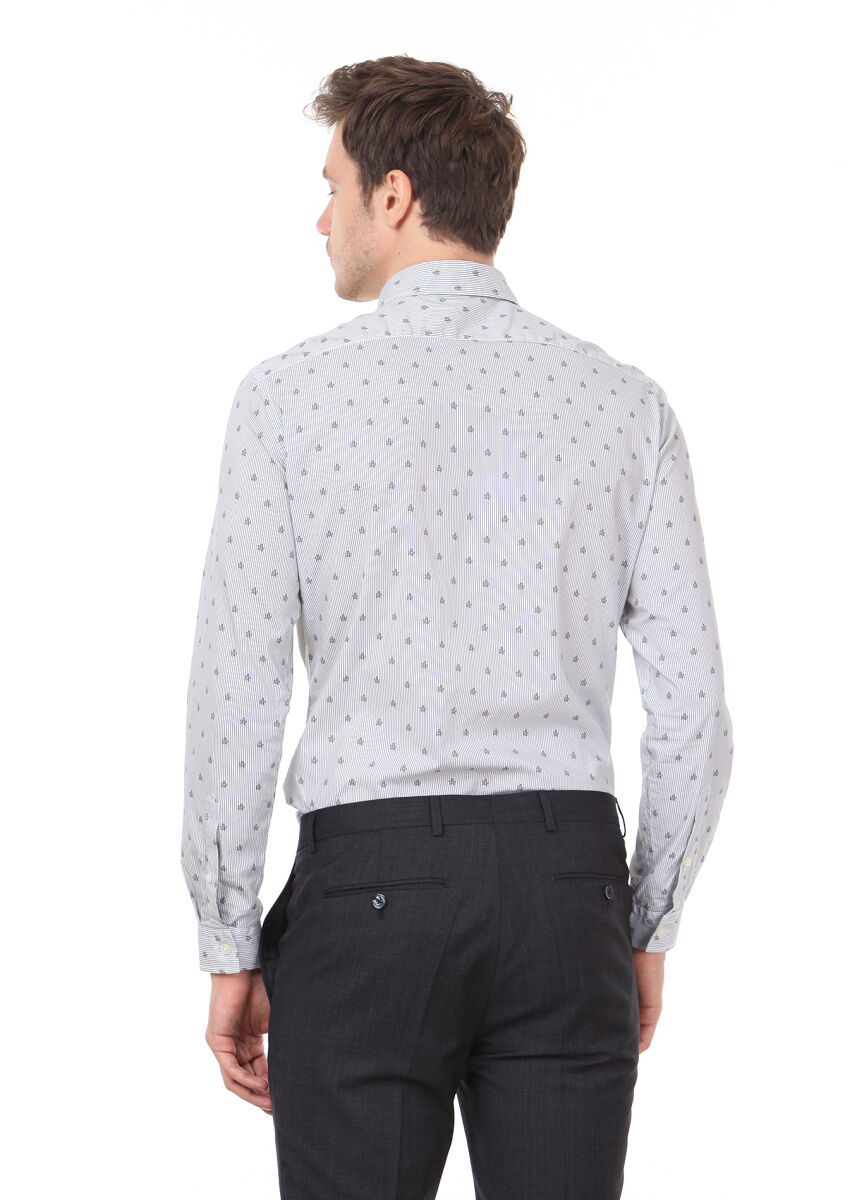 Siyah Baskılı Slim Fit Uzun Dokuma Casual %100 Pamuk Gömlek - 5