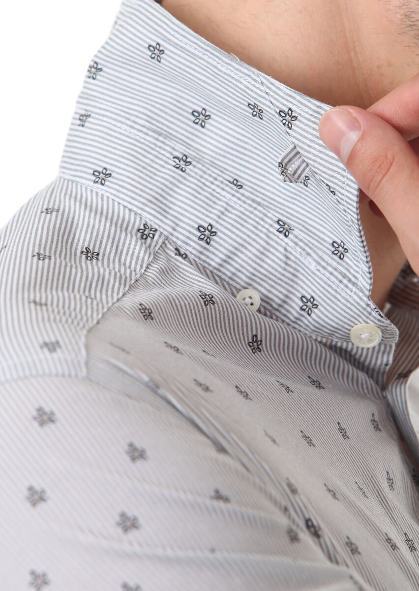 Siyah Baskılı Slim Fit Uzun Dokuma Casual %100 Pamuk Gömlek - 6