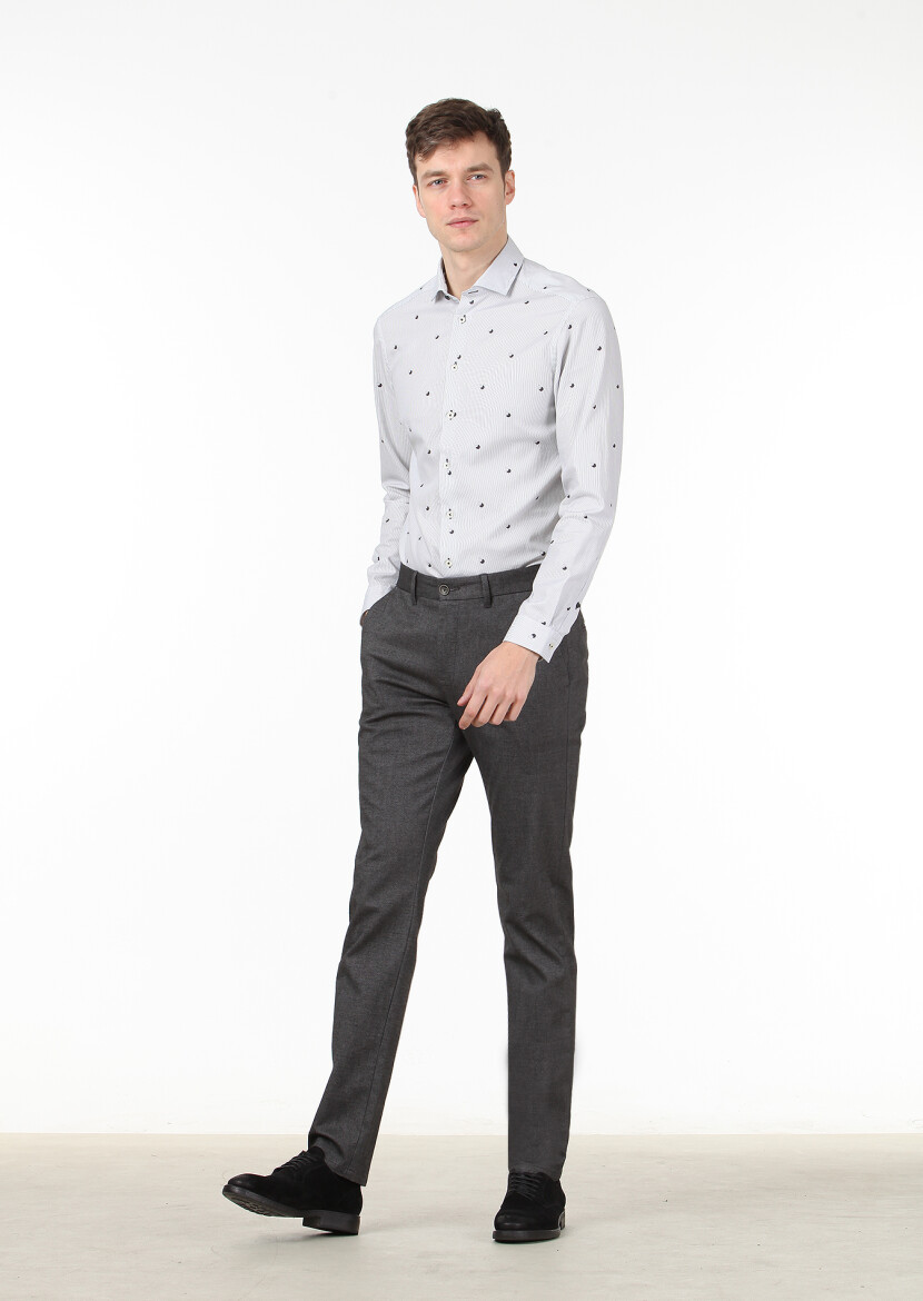 Siyah Baskılı Slim Fit Uzun Dokuma Casual %100 Pamuk Gömlek 