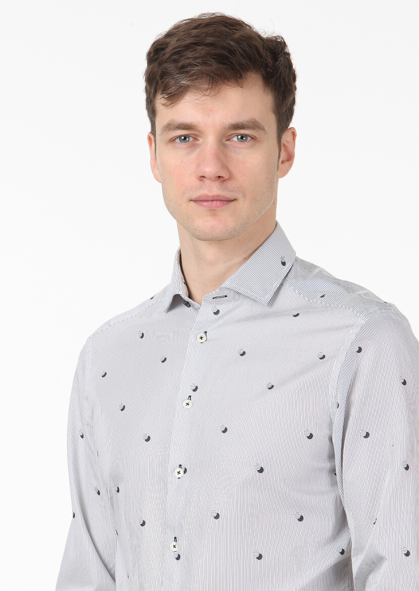 Siyah Baskılı Slim Fit Uzun Dokuma Casual %100 Pamuk Gömlek - 3