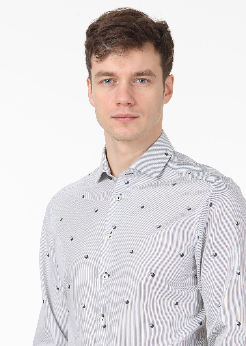 Siyah Baskılı Slim Fit Uzun Dokuma Casual %100 Pamuk Gömlek - 3