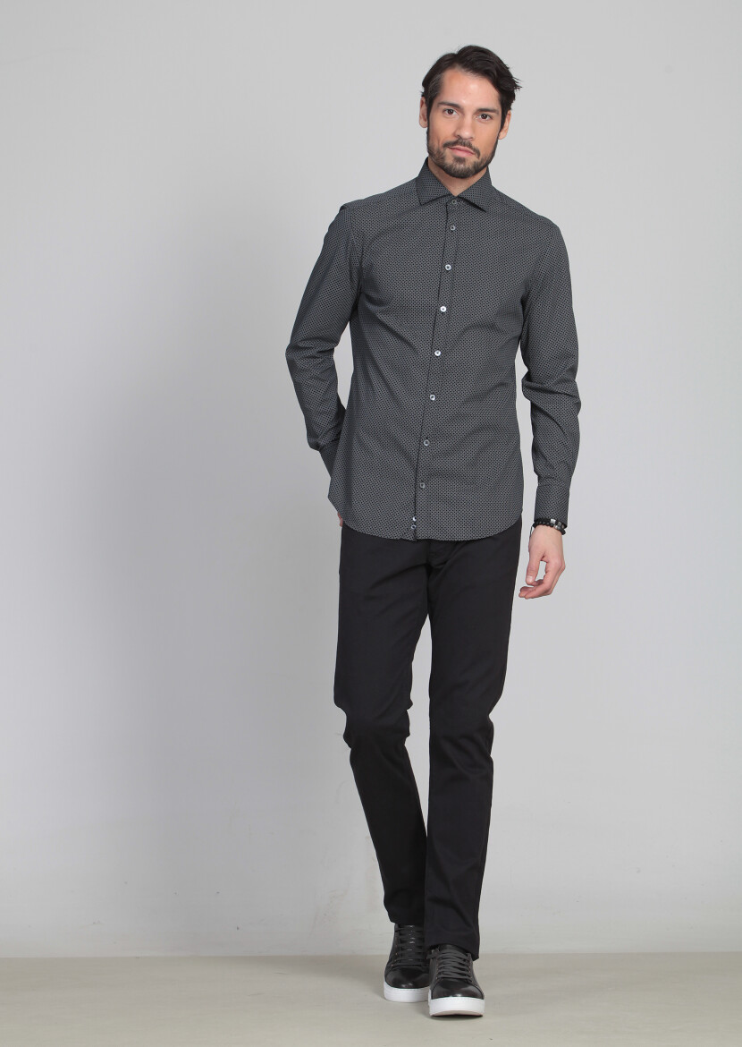 Siyah Baskılı Slim Fit Uzun Dokuma Klasik Pamuk Karışımlı Gömlek - 1