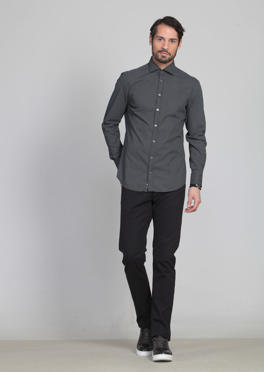 Siyah Baskılı Slim Fit Uzun Dokuma Klasik Pamuk Karışımlı Gömlek - 1