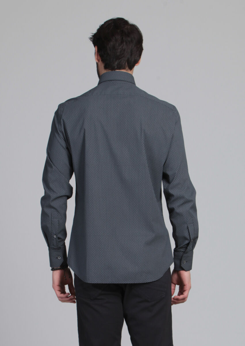 Siyah Baskılı Slim Fit Uzun Dokuma Klasik Pamuk Karışımlı Gömlek - 3