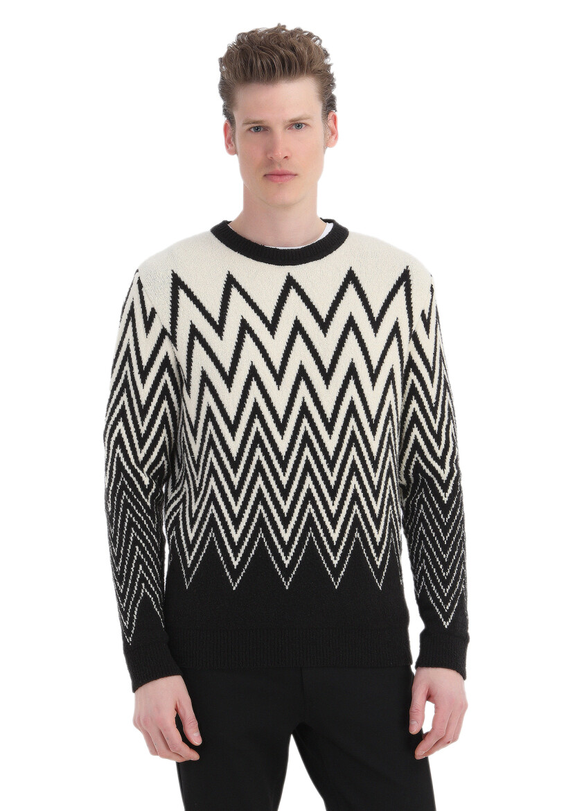 Siyah Bisiklet Yaka Çizgili Pamuk Karışımlı Triko Kazak - RAMSEY