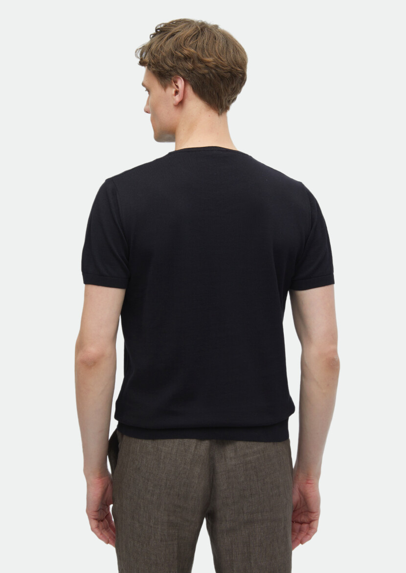 Siyah Bisiklet Yaka Düz Örgü %100 Pamuk Triko - 5