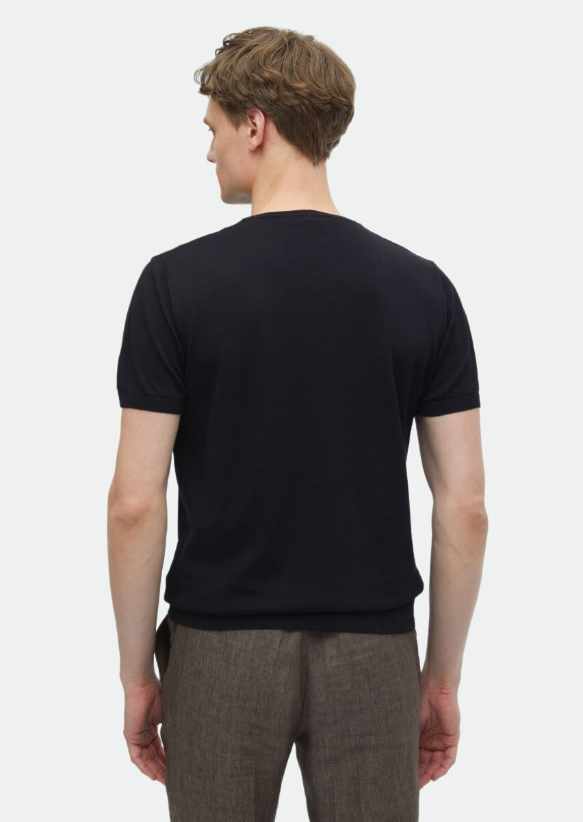 Siyah Bisiklet Yaka Düz Örgü %100 Pamuk Triko - 5