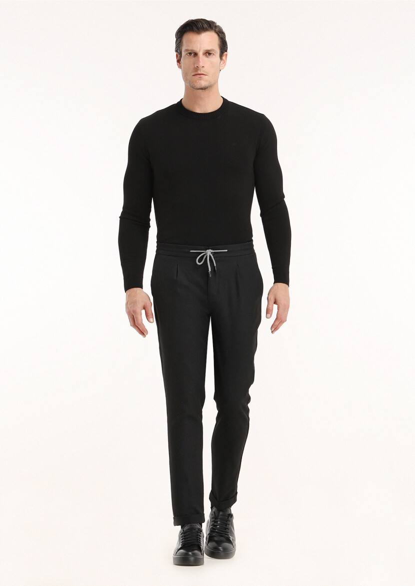 Siyah Bisiklet Yaka Düz Örgü Yün Karışımlı Triko Kazak - 2