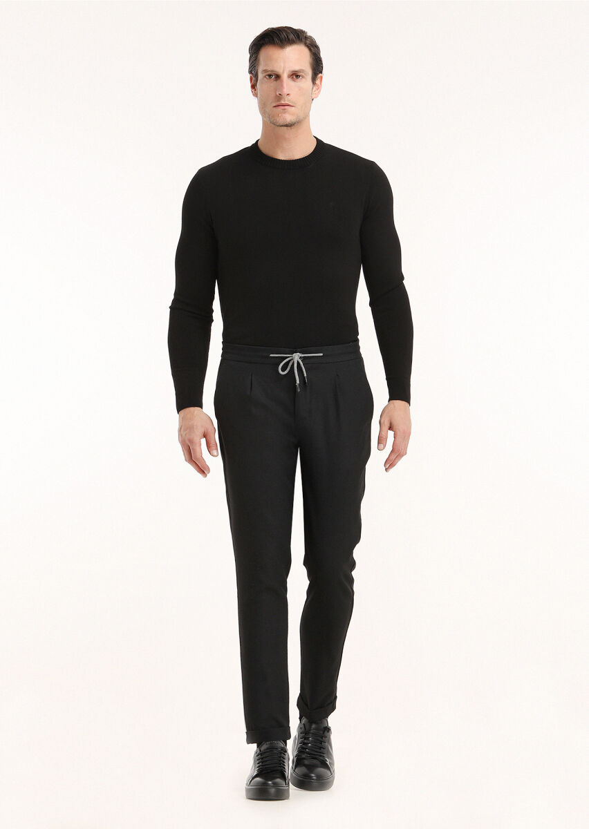 Siyah Bisiklet Yaka Düz Örgü Yün Karışımlı Triko Kazak - 2