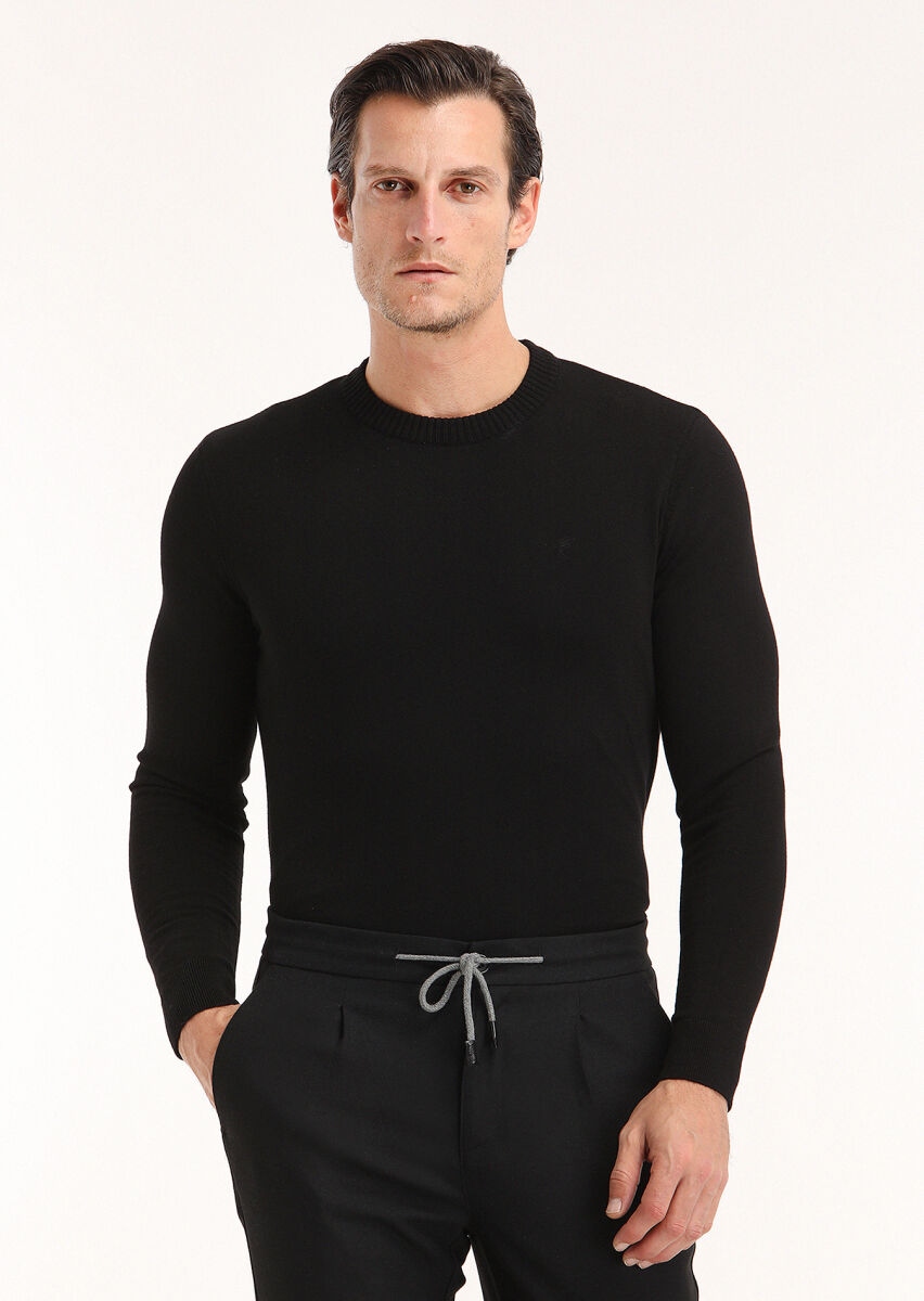 Siyah Bisiklet Yaka Düz Örgü Yün Karışımlı Triko Kazak - 3