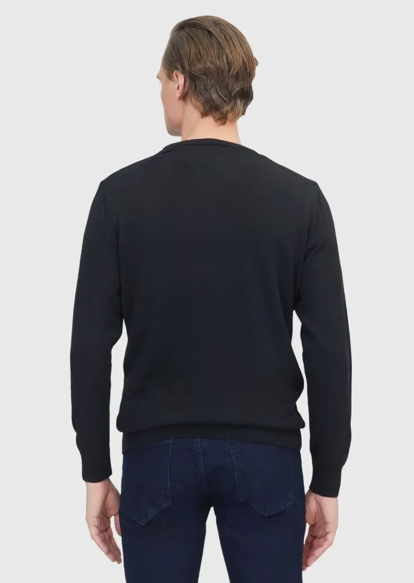 Siyah Bisiklet Yaka Düz Örgü Yün Karışımlı Triko Kazak - 5