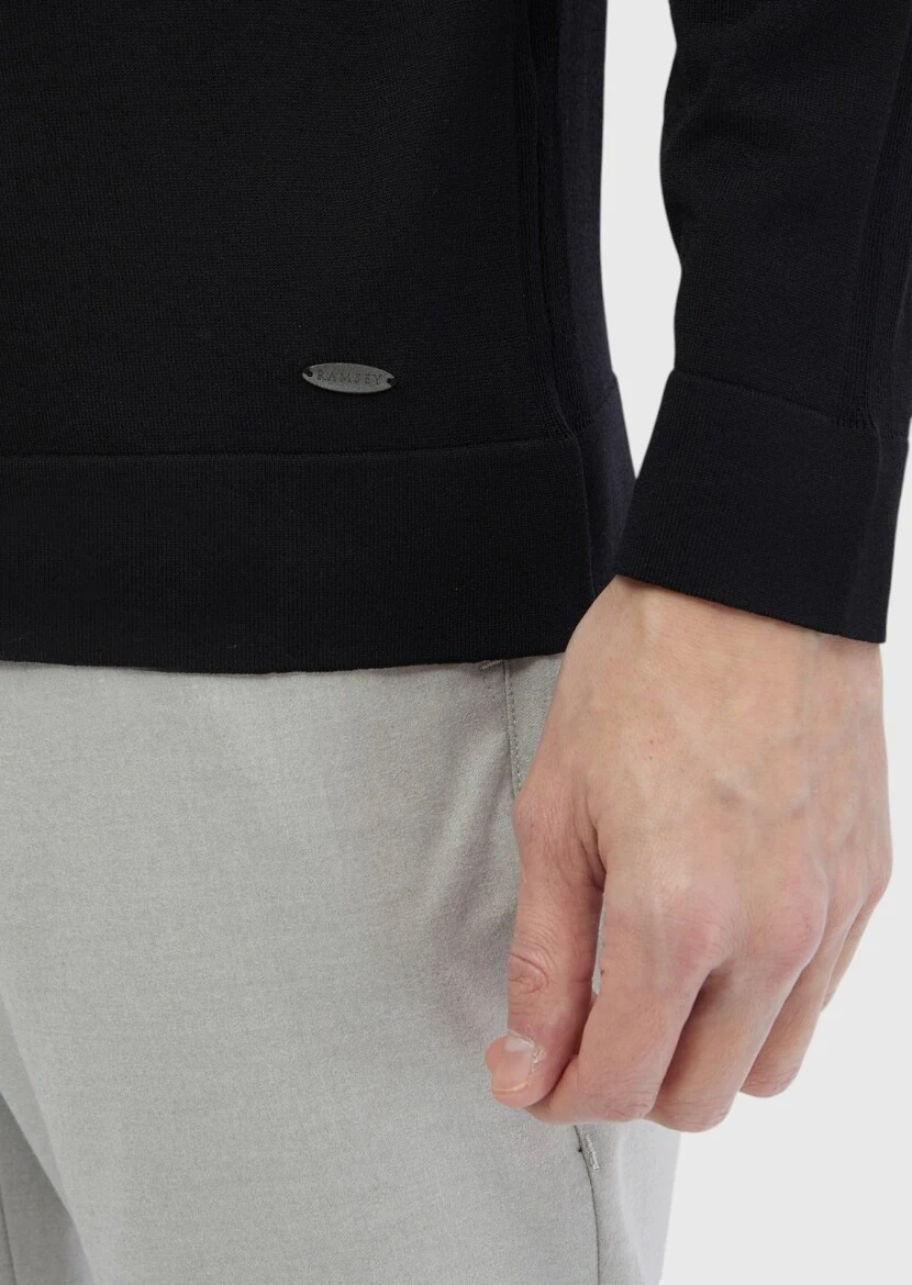 Siyah Bisiklet Yaka Jakarlı Triko Kazak - 3