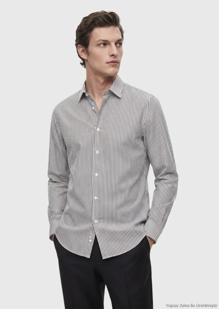 Siyah Casual Fit Uzun Dokuma Casual %100 Pamuk Gömlek 