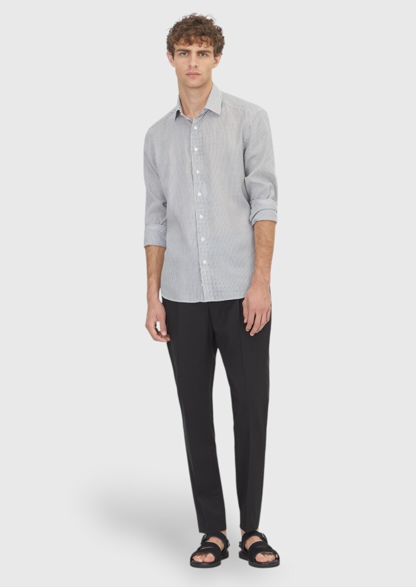 Siyah Çizgili Casual Fit Dokuma Casual Pamuk Karışımlı Gömlek - 2