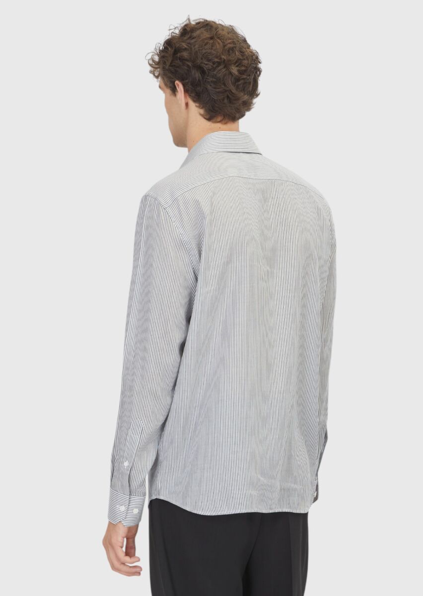 Siyah Çizgili Casual Fit Dokuma Casual Pamuk Karışımlı Gömlek - 5