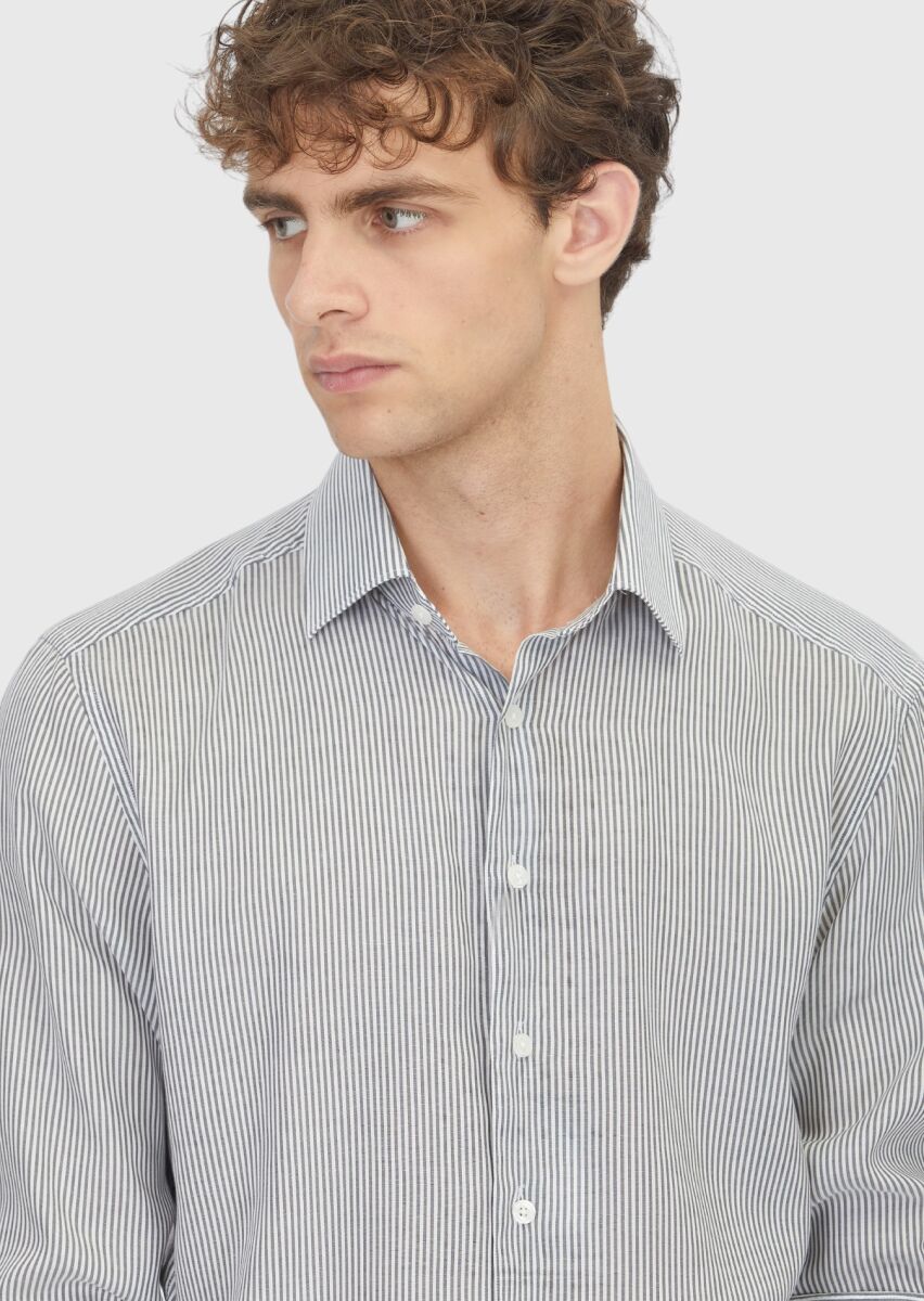 Siyah Çizgili Casual Fit Uzun Dokuma Casual Pamuk Karışımlı Gömlek - 3