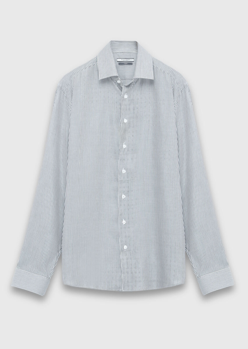 Siyah Çizgili Casual Fit Uzun Dokuma Casual Pamuk Karışımlı Gömlek - 6