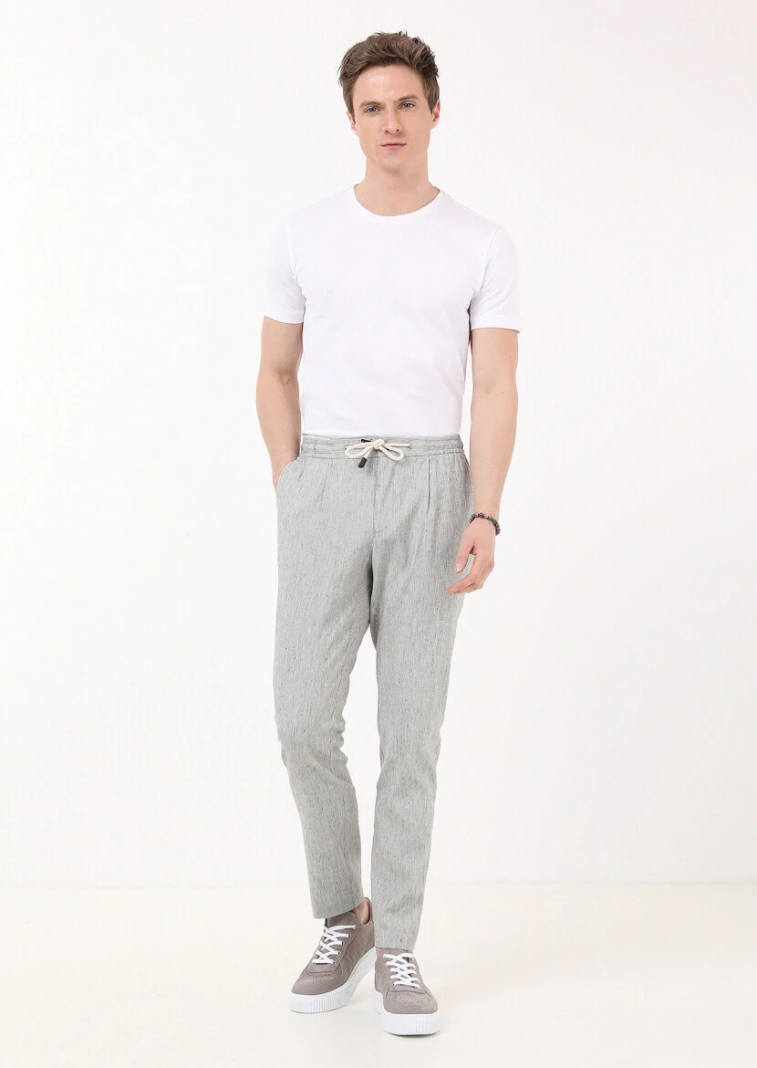 Siyah Çizgili Dokuma Jogging Fit Casual Pamuk Karışımlı Pantolon - 1