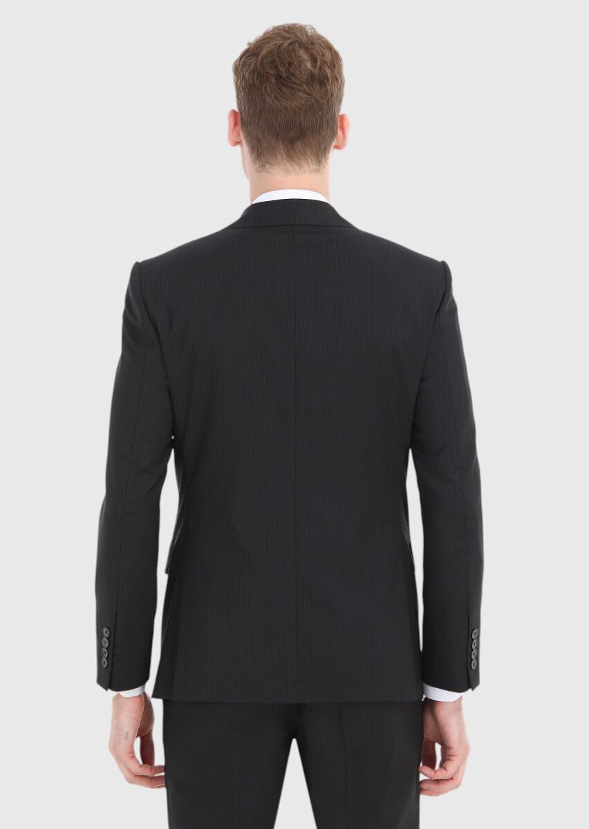 Siyah Çizgili Modern Fit %100 Yün Takım Elbise - 5