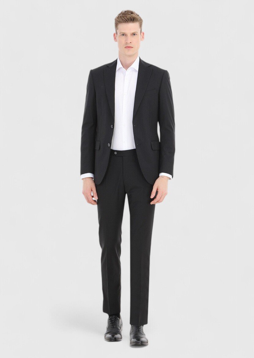 Siyah Çizgili Modern Fit %100 Yün Takım Elbise - 1