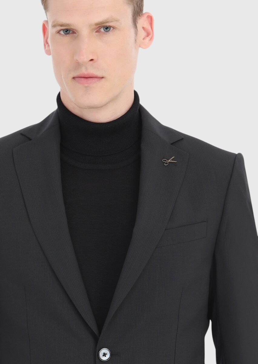 Siyah Çizgili Modern Fit %100 Yün Takım Elbise - 4