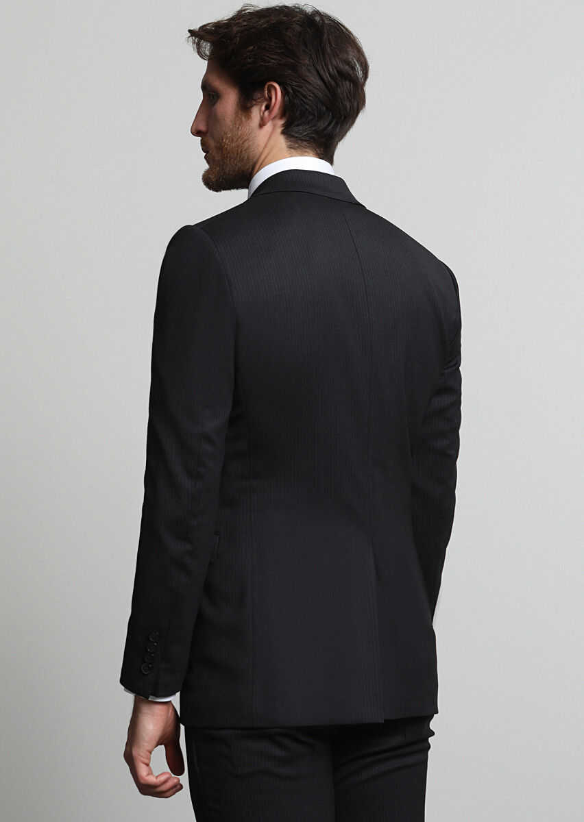 Siyah Çizgili Modern Fit Yün Karışımlı Takım Elbise - 3