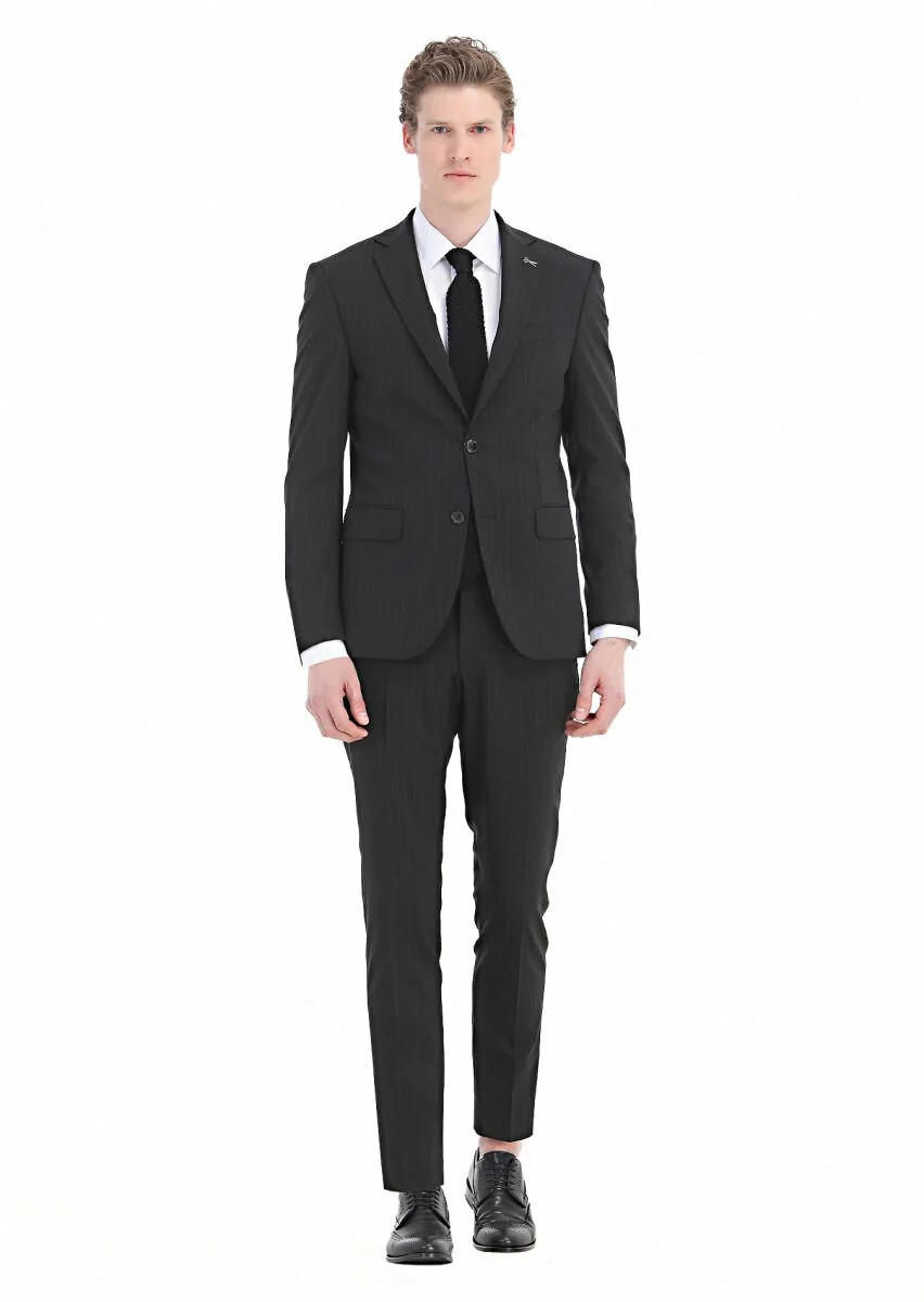 Siyah Çizgili Modern Fit Yün Karışımlı Takım Elbise - 1