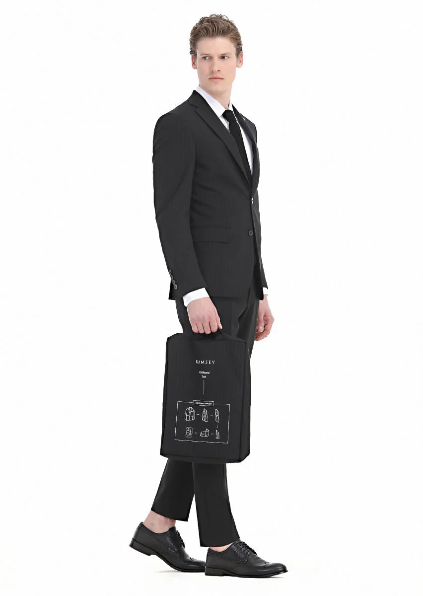 Siyah Çizgili Modern Fit Yün Karışımlı Takım Elbise - 2