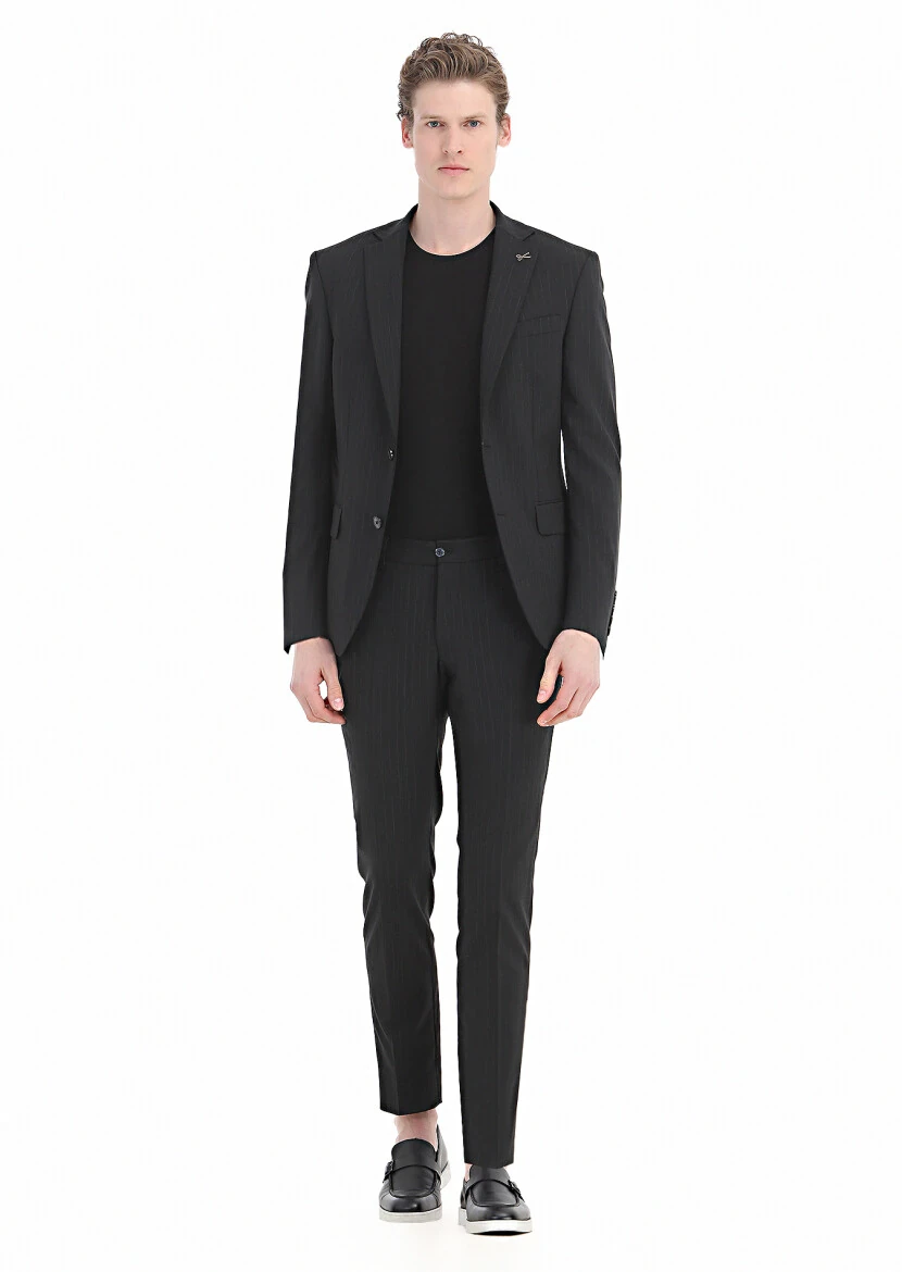 Siyah Çizgili Modern Fit Yün Karışımlı Takım Elbise - 3