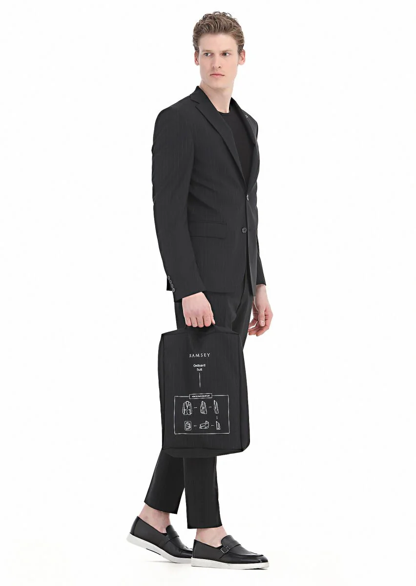 Siyah Çizgili Modern Fit Yün Karışımlı Takım Elbise - 4