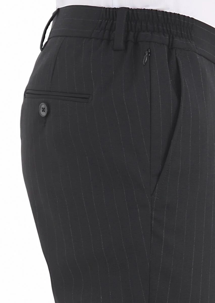 Siyah Çizgili Modern Fit Yün Karışımlı Takım Elbise - 8