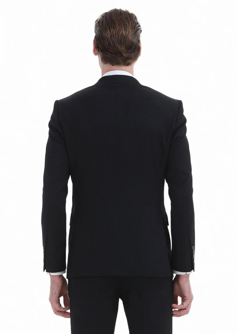 Siyah Çizgili Modern Fit Yün Karışımlı Takım Elbise - 6