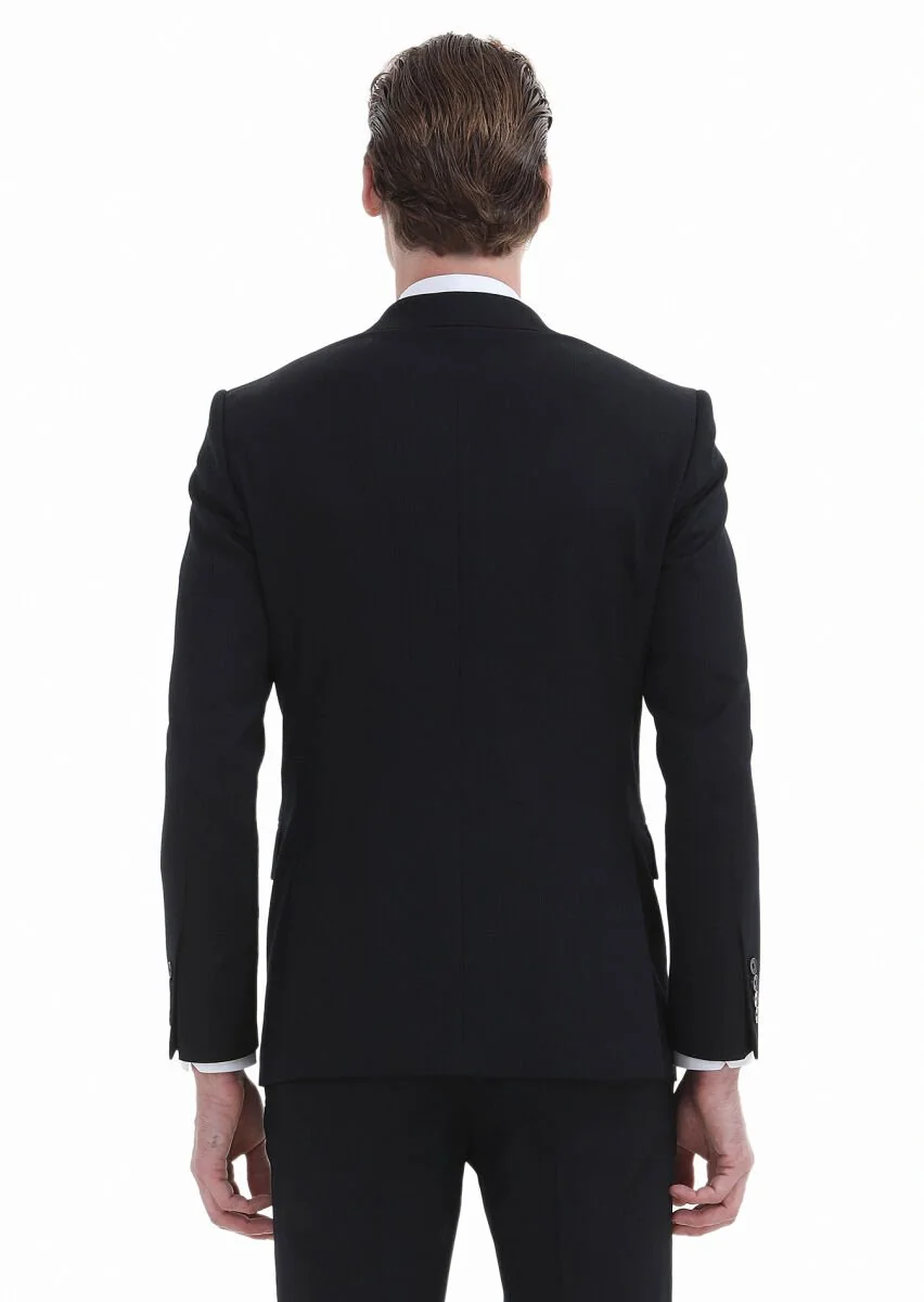 Siyah Çizgili Modern Fit Yün Karışımlı Takım Elbise - 6